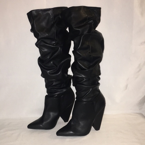 Shoes - New Women's Black Slouchy Block Heeled Tall Boots